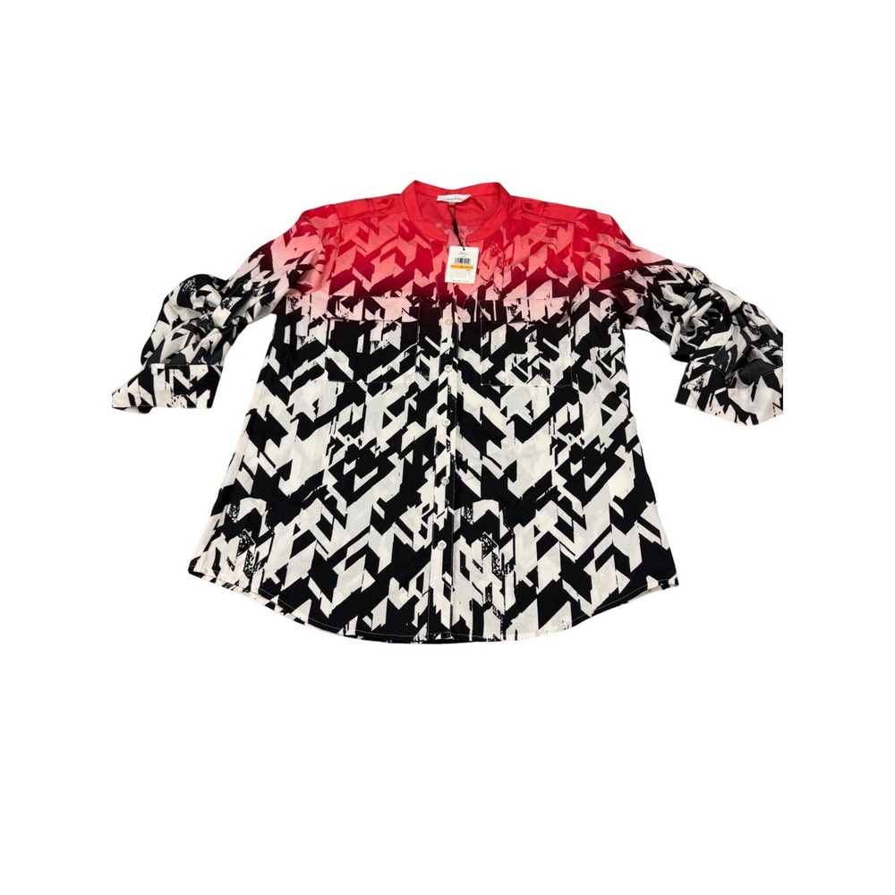 Calvin Klein Womens Red Ombre Geometric Chevron Roll Tab Blouse M7AA9547 Small